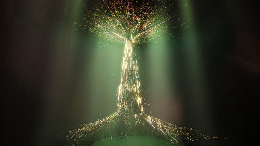 Gasometer Oberhausen neue Ausstellung 2026 Mythos Wald Blick auf die zu erwartende Kunstinstallation Der Baum in grün